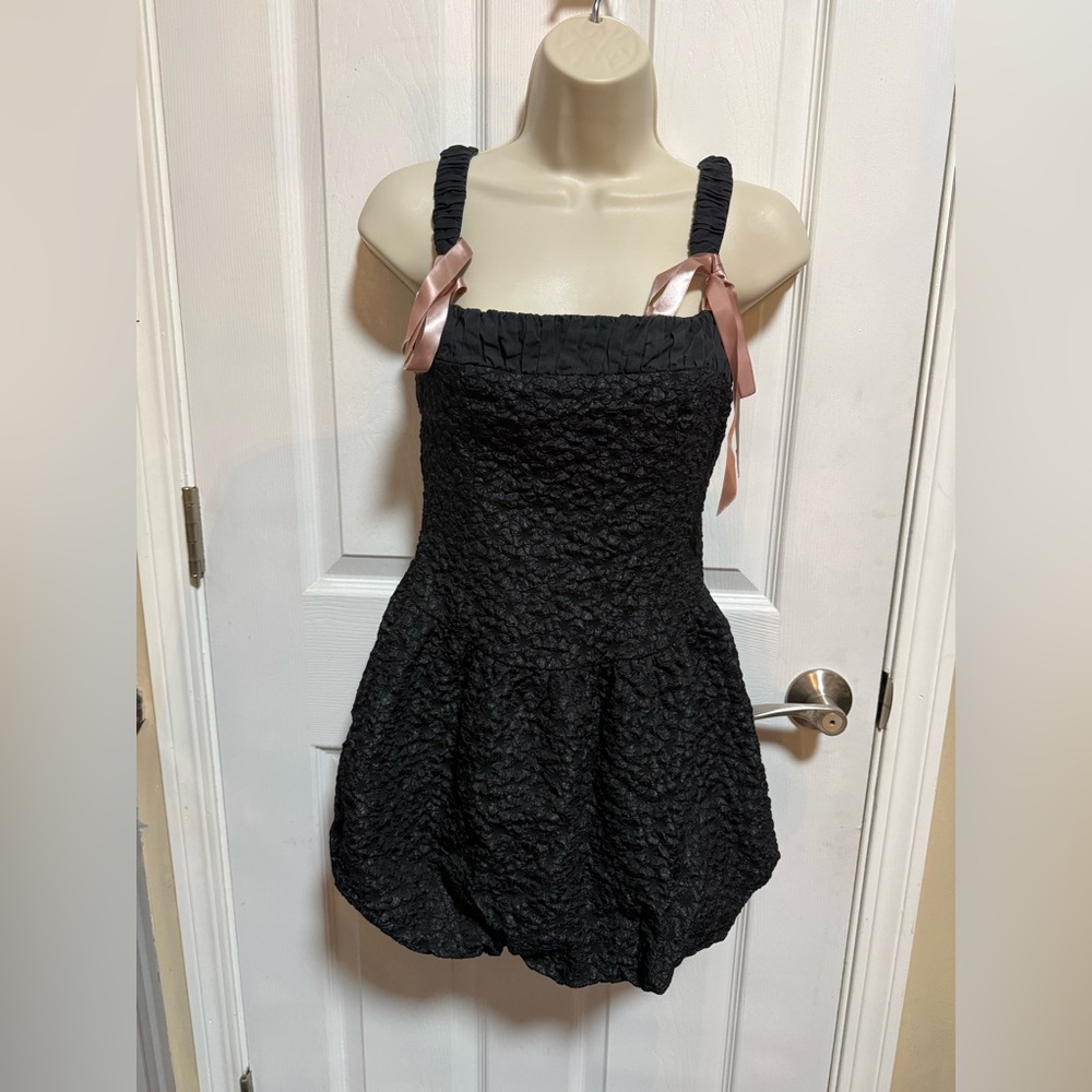Smocked Black Mini Dress with Pink Ribbon Shoulder Ties